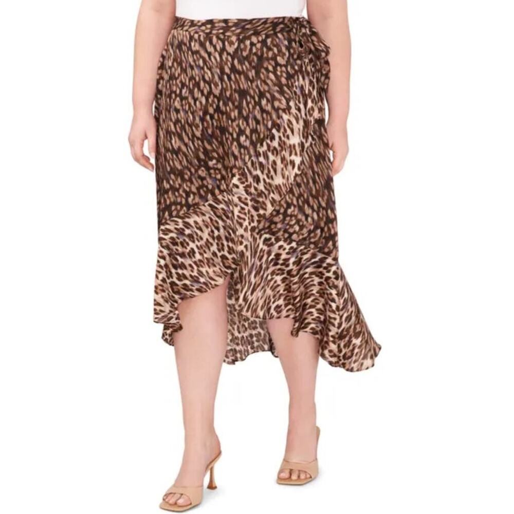 Vince Camuto skirt leopard print side ruffle hem satin a-line midi size 1X